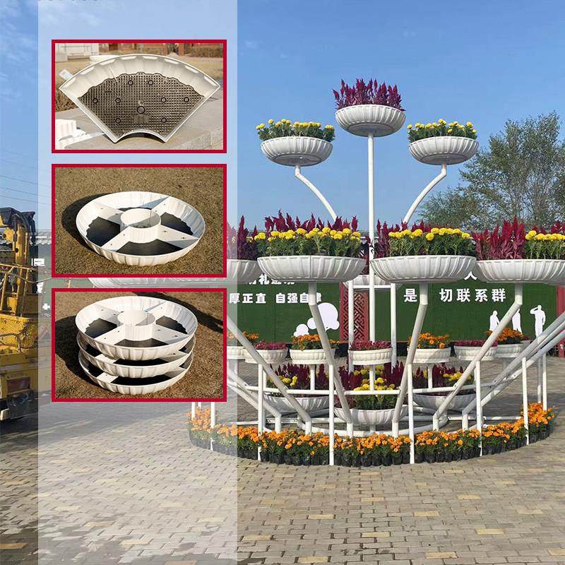 大型白色简约花盆户外订制铁艺花架灯杆花钵市政园林室外道路景观