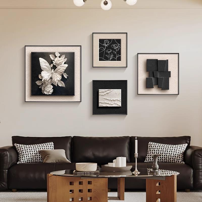 黑白极简客厅装饰画新款蝴蝶沙发背景墙挂画高级感抽象组合墙壁画