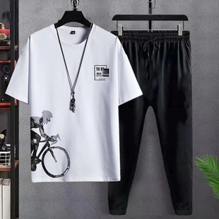 t恤休闲长裤 2026夏时尚 男短袖 冰丝渐变套装 运动两件套帅气男 新款