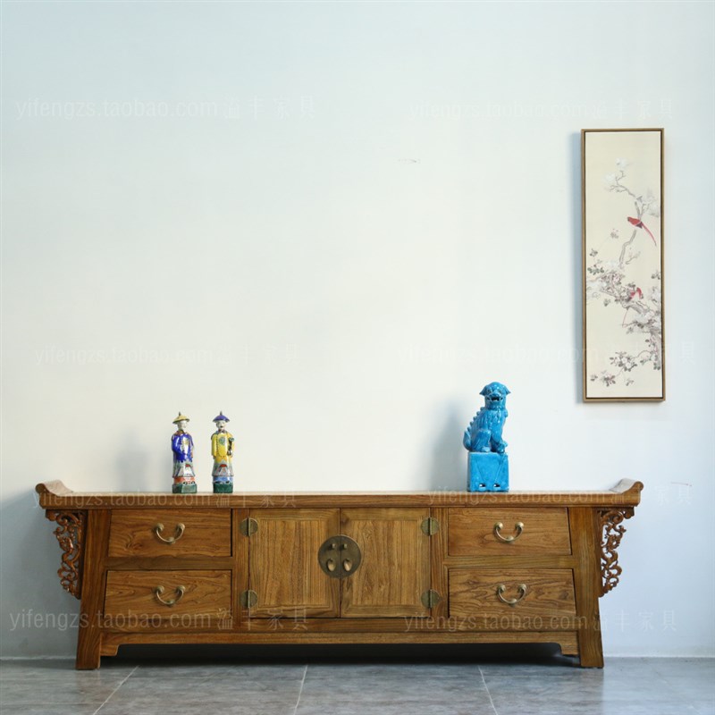新中式免漆老榆木电视柜仿古典全实木翘头矮柜禅意客厅影视地柜藤