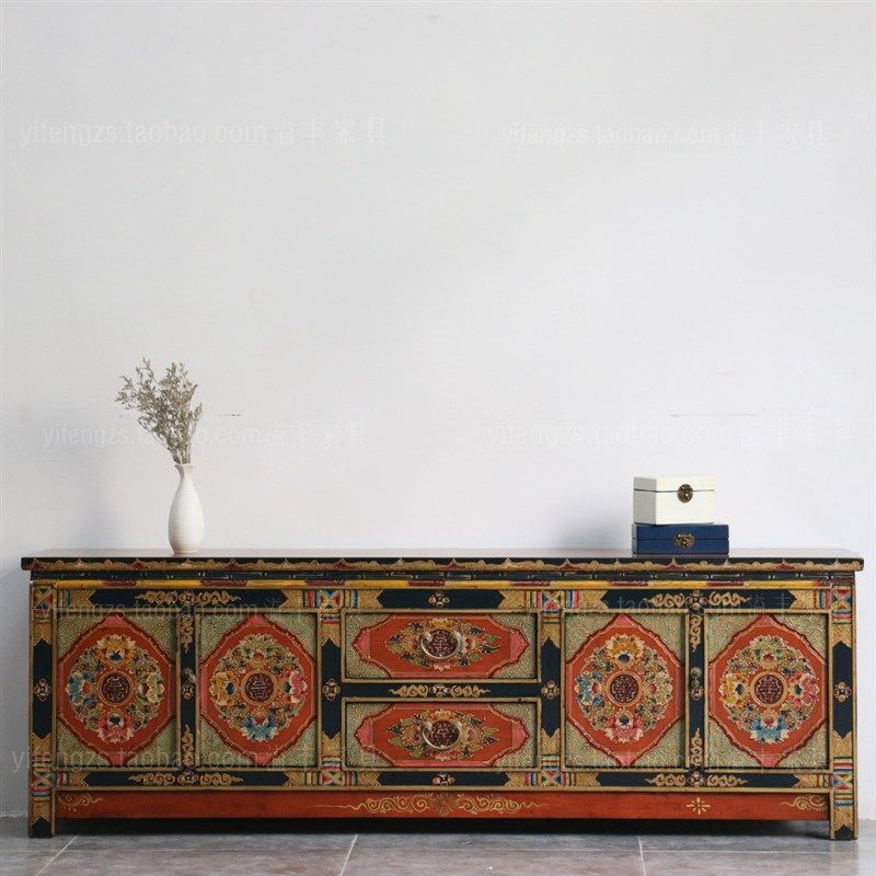 复古做旧矮柜实木电视柜中式乡村仿古做旧储物柜古典彩绘组合家具