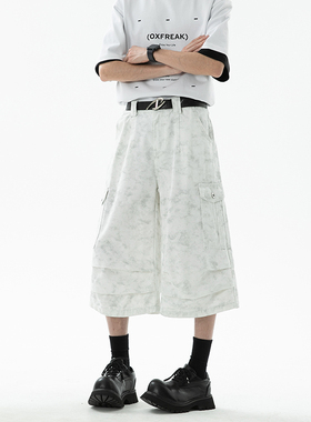 REDANTS美式复古脏染褶皱口袋工装短裤男dirtyfit宽松休闲七分裤