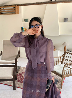 JINZE 复古网纱领口系带衬衫女2023年新款秋冬温柔蝴蝶结衬衣上衣