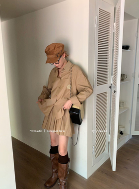 秋装女2023年新款时尚套装a字短裙两件套条纹刺绣衬衫上衣小个子