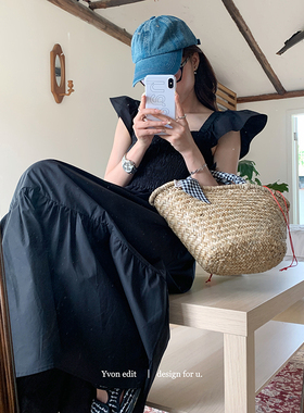 JUNZE 法式小个子飞飞袖连衣裙女士方领收腰减龄显瘦吊带裙子长裙