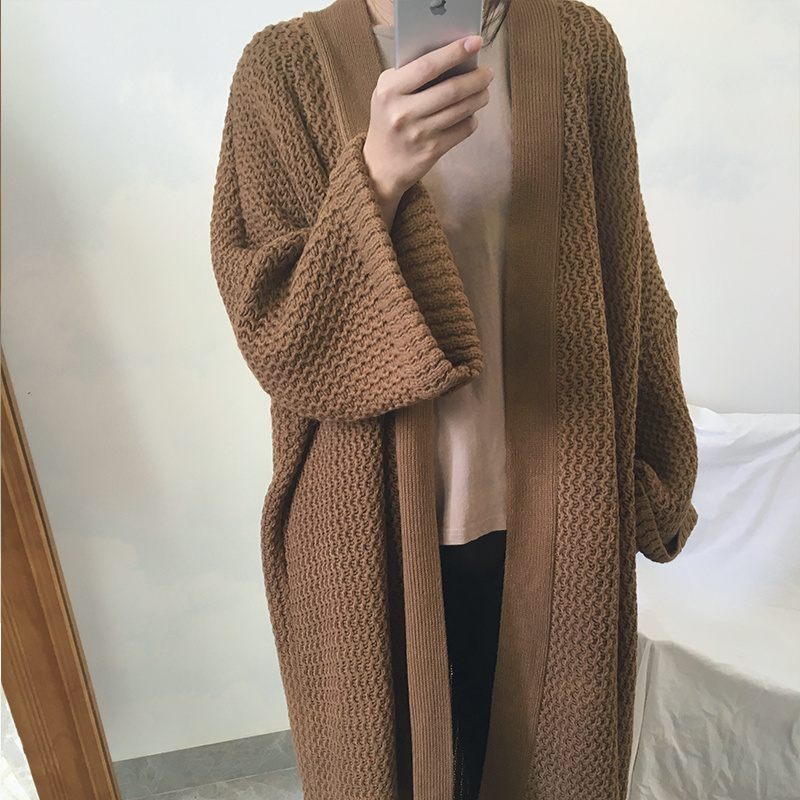 2021秋冬宽松外穿慵懒风中长款过膝毛衣外套女加厚针织开衫喇叭袖