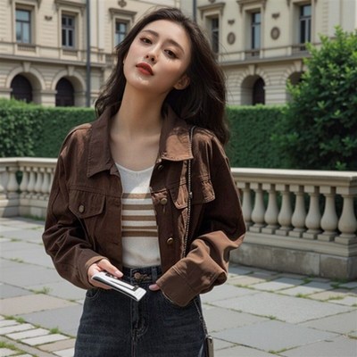 2025春秋款小个子复古宽松牛仔外套女新款短款咖啡色百搭长袖上衣