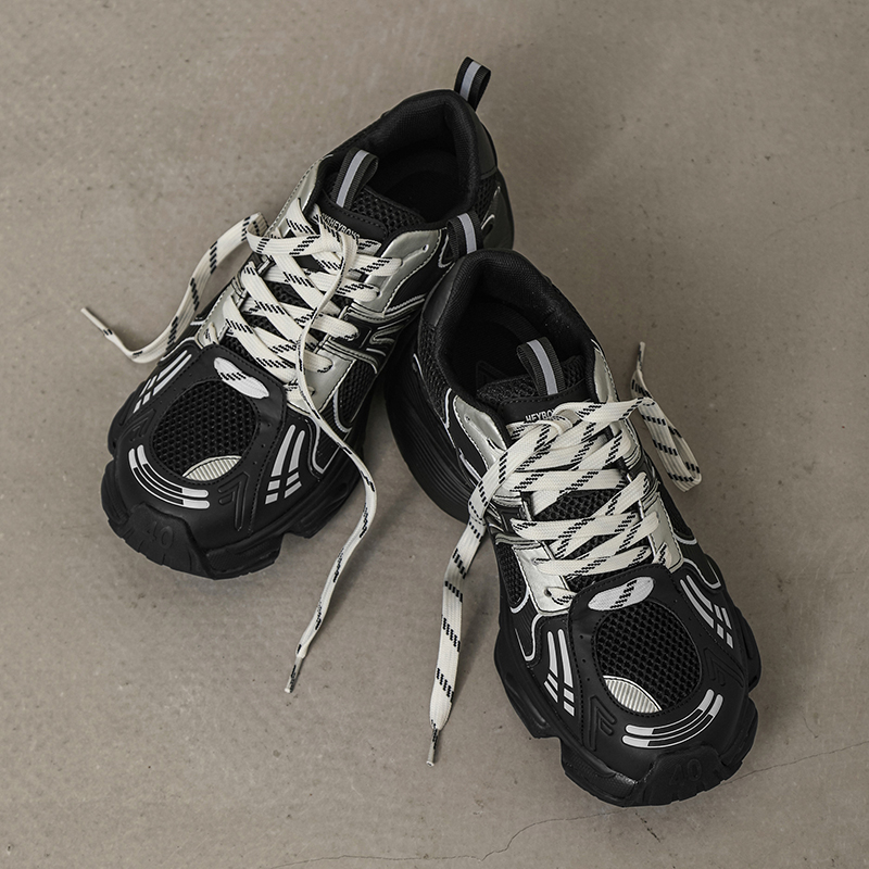 男鞋秋款透气运动休闲鞋潮牌百搭厚底网面鞋2023黑色老爹鞋男女鞋