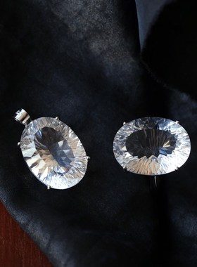 天然白水晶切面纯银镶嵌款吊坠/戒指 女款水晶银镶嵌彩宝饰品