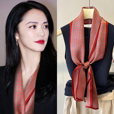 教师节礼物红色真丝长条丝巾女2024新款高级感双面护颈飘带窄围巾