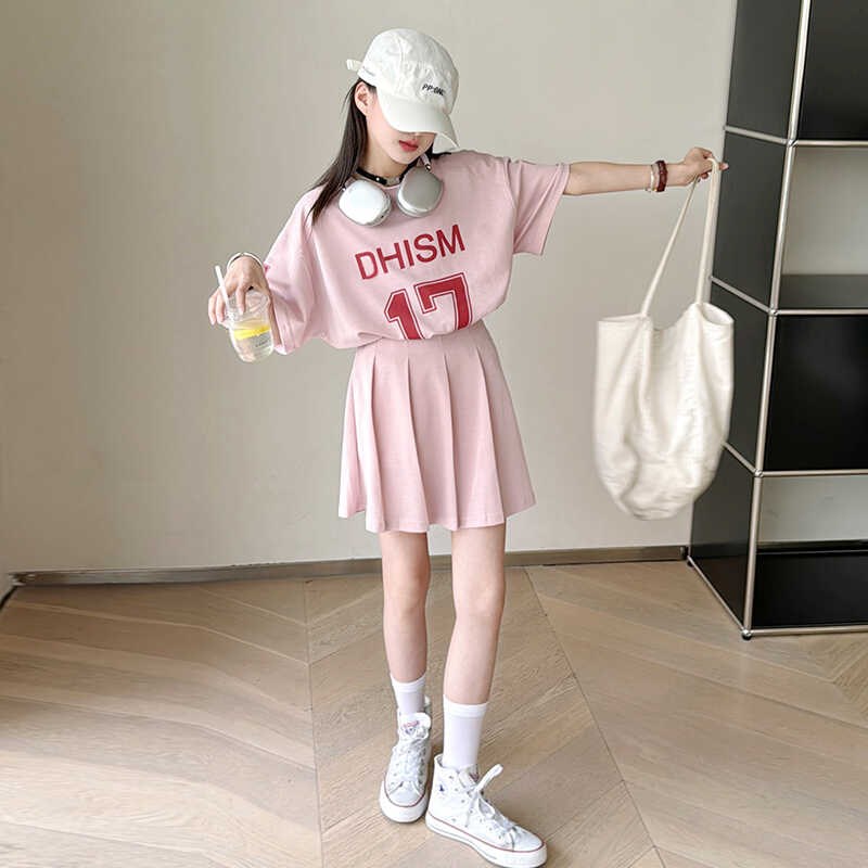 女童套装2025夏装新款儿童洋气短袖百褶裙运动学院风两件套