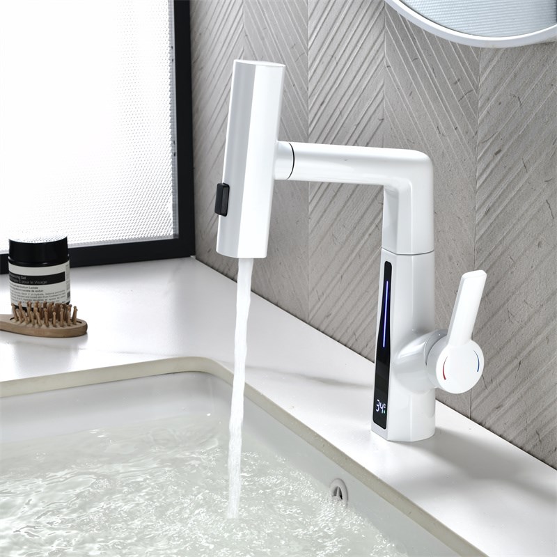 德国枪灰色面盆水龙头冷热抽拉升降式卫生间洗手盆洗脸盆数显龙头