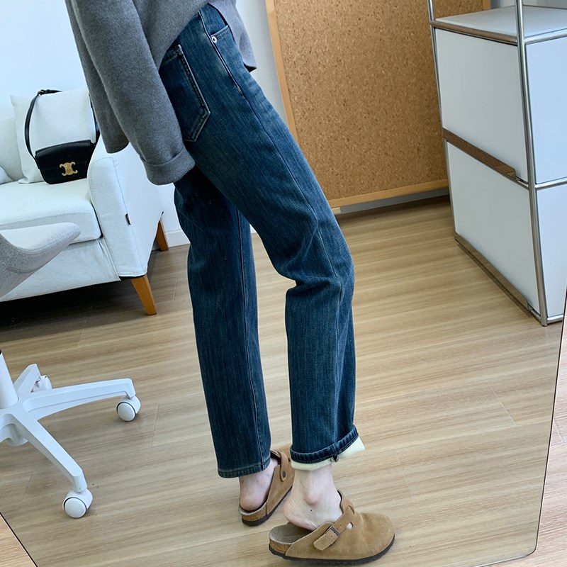口碑裤王!四面弹软糯厚绒直筒牛仔裤女冬季加厚巨显瘦法棍烟管裤
