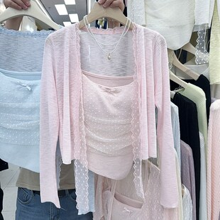 韩系两件套套装镂空绑带针织衫2025春夏季清新波点吊带+短款外套