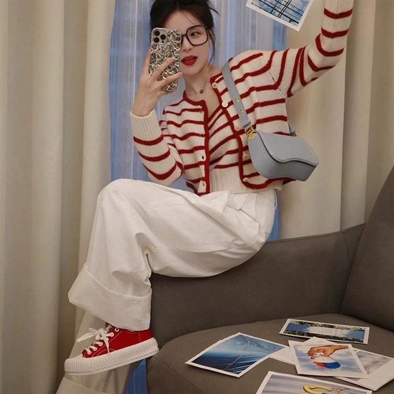 条纹针织开衫两件套外搭薄款外套毛衣女早秋季韩系穿搭减龄上衣女