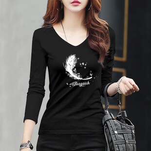 黑色长袖t恤女V领洋气紧身显瘦打底衫秋季新款内搭夏季薄款上衣潮