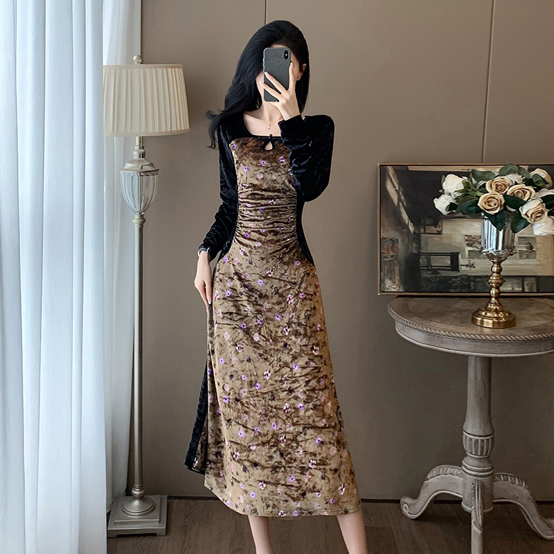 超好看复古丝绒旗袍连衣裙女秋冬高级感收腰显瘦气质内搭打底长裙