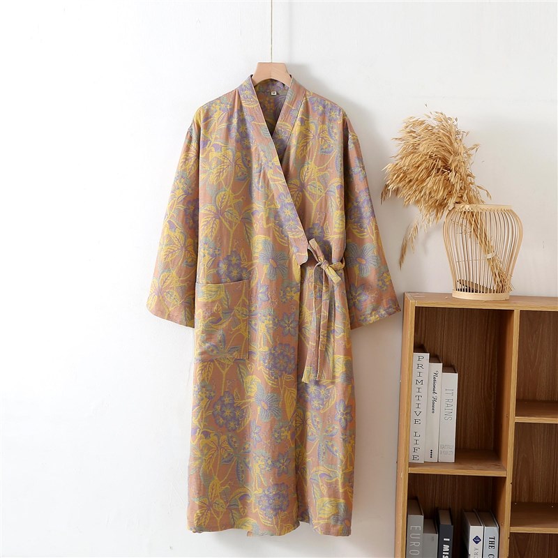 民族复古提花睡袍女春秋薄款纯棉色织纱布和服睡衣宽松浴衣汗蒸服