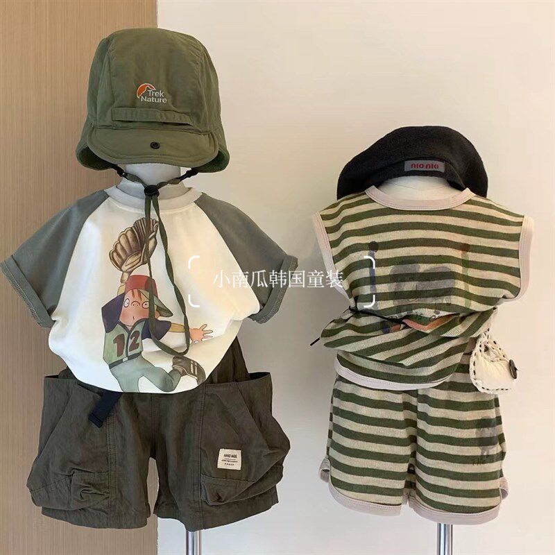 男童短袖童装2025夏季新款男女儿童T恤卡通印花圆领上衣口袋短裤