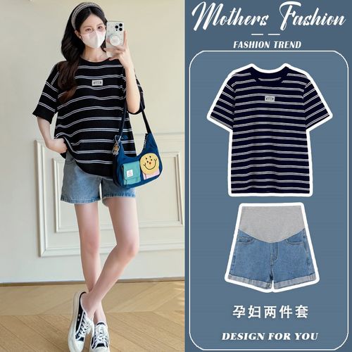 孕妇套装夏季2025新款黑色条纹针织短袖外出上衣牛仔短裤两件套女