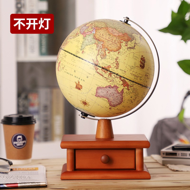 新款木质小夜灯地球仪桌面摆件带抽D屉卧室儿童书房装饰品家居礼
