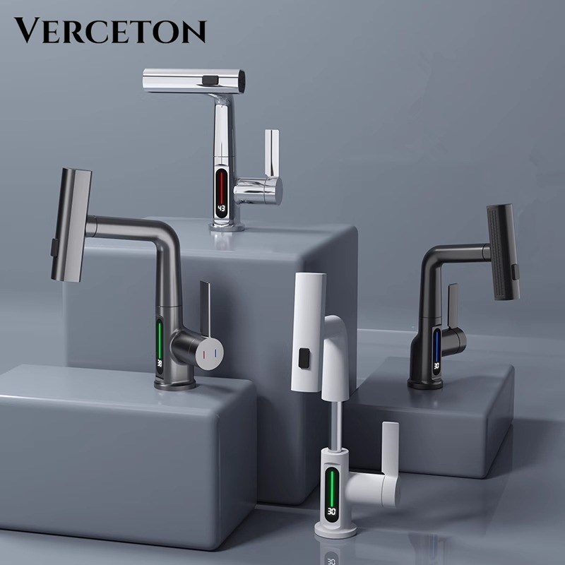 飞雨瀑布全铜冷热数显温度水龙头多功能抽拉式卫生间洗手脸盆龙头