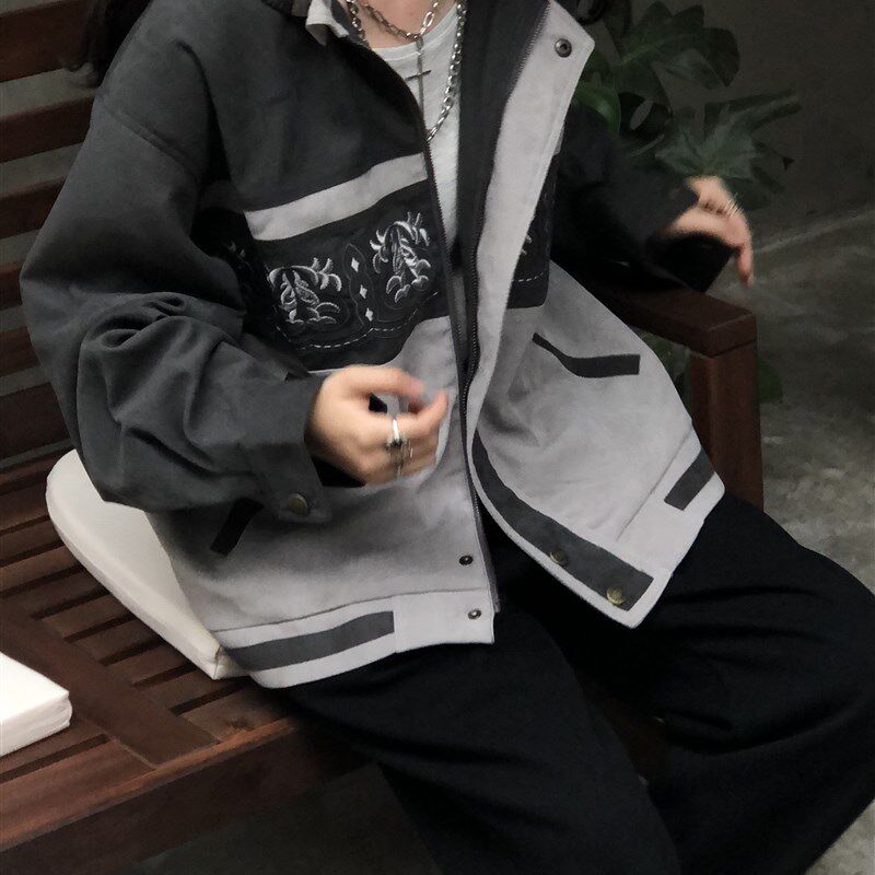 复古夹克刺绣古着薄款英伦工装机车外套女港味春秋BF情侣宽松个性
