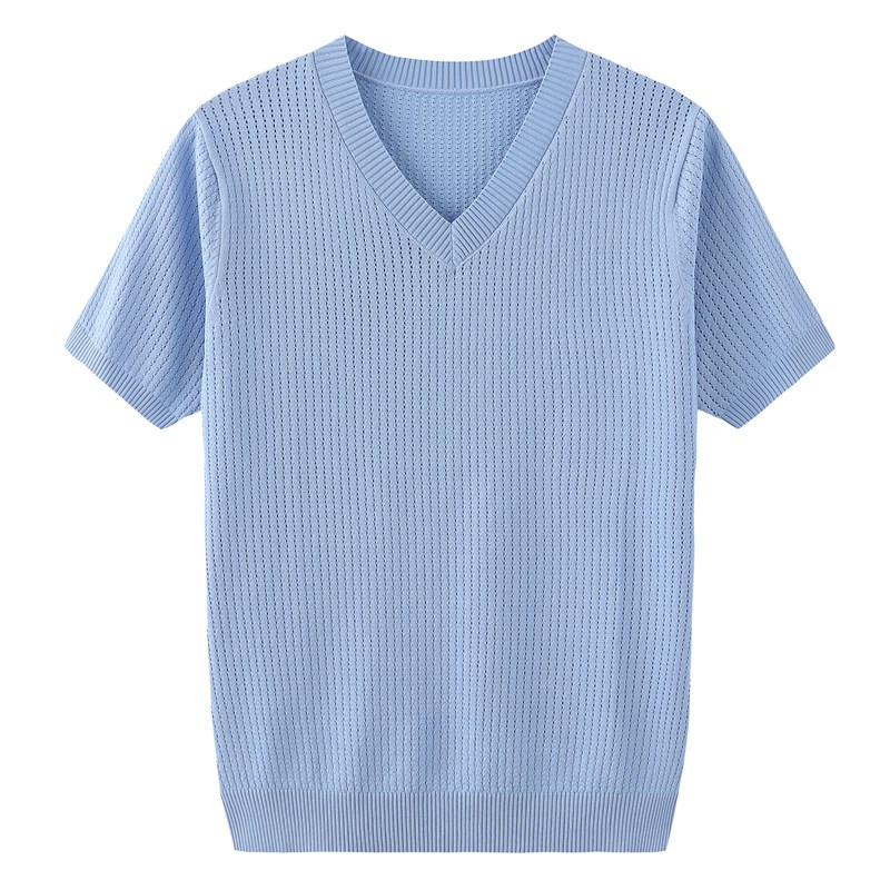 V领短袖t恤男大码冰丝薄款夏季半袖针织衫镂空上衣潮流体恤打底衫