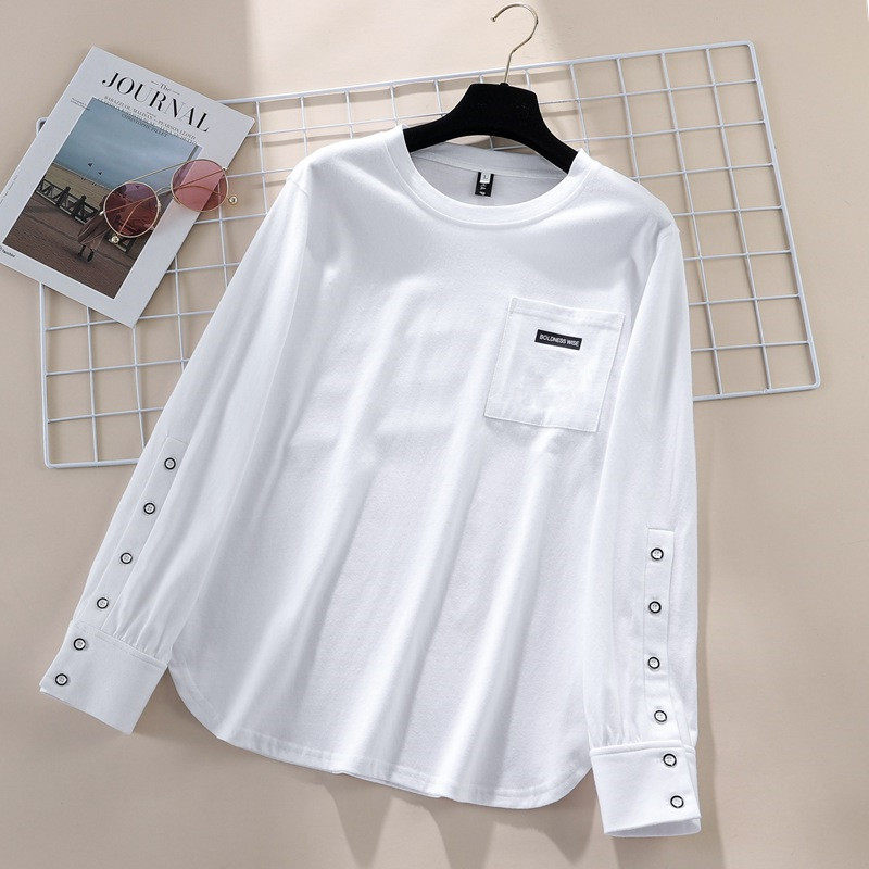 纯棉宽松大码口袋百搭长袖t恤卫衣女春秋冬装新款圆领加绒打底衫