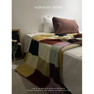 包豪斯拼格 复古棋盘格子半边绒毛毯沙发盖毯午睡休小毯子车载毯