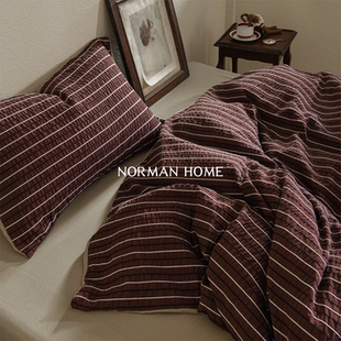 布达佩斯 中古风条纹纯棉床上四件套全棉床单笠被套安可拉红床品