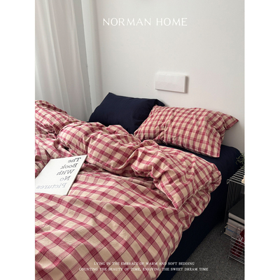 复古红格子撞色全棉水洗棉四件套