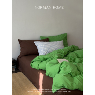 四个春天/复古绿色全棉水洗棉床上四件套纯棉被套床单笠格子床品