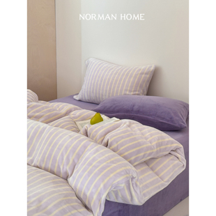 酱紫 防静电加厚牛奶绒床上四件套毛绒床单笠被套条纹床品 秋冬季