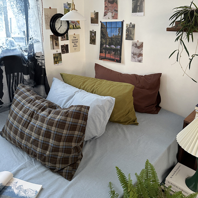 复古风格子纯色全棉单品枕套