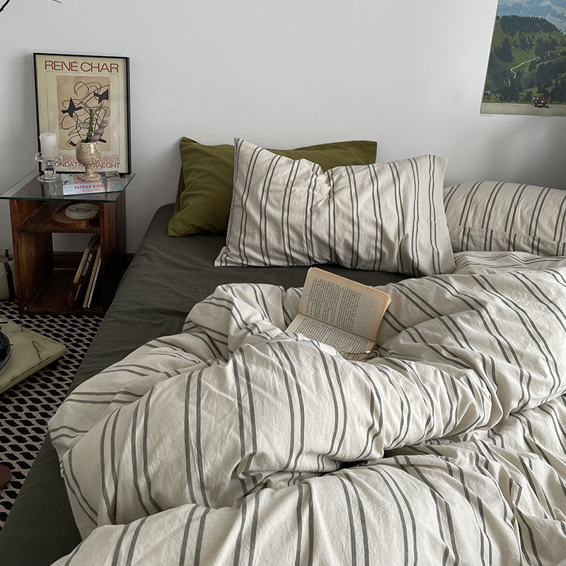 复古条纹秋冬季纯棉四件套送枕套