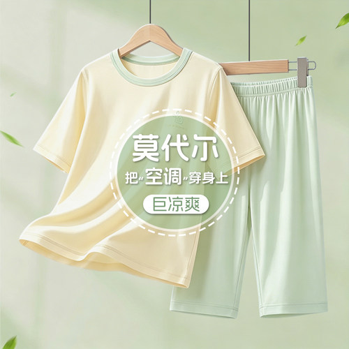 儿童睡衣莫代尔夏季薄款男童女童家居服套装中小童宝宝空调服短袖