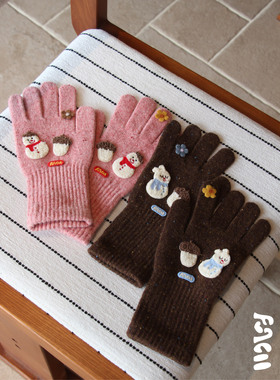 FUNCOO原创设计羊毛针织手套女秋冬季加厚可触屏分指手套骑行保暖