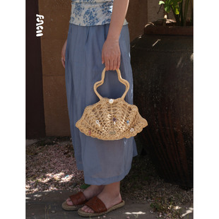 FUNCOO夏季 海边度假天然石手拎设计感小众草编包 贝壳镂空法式