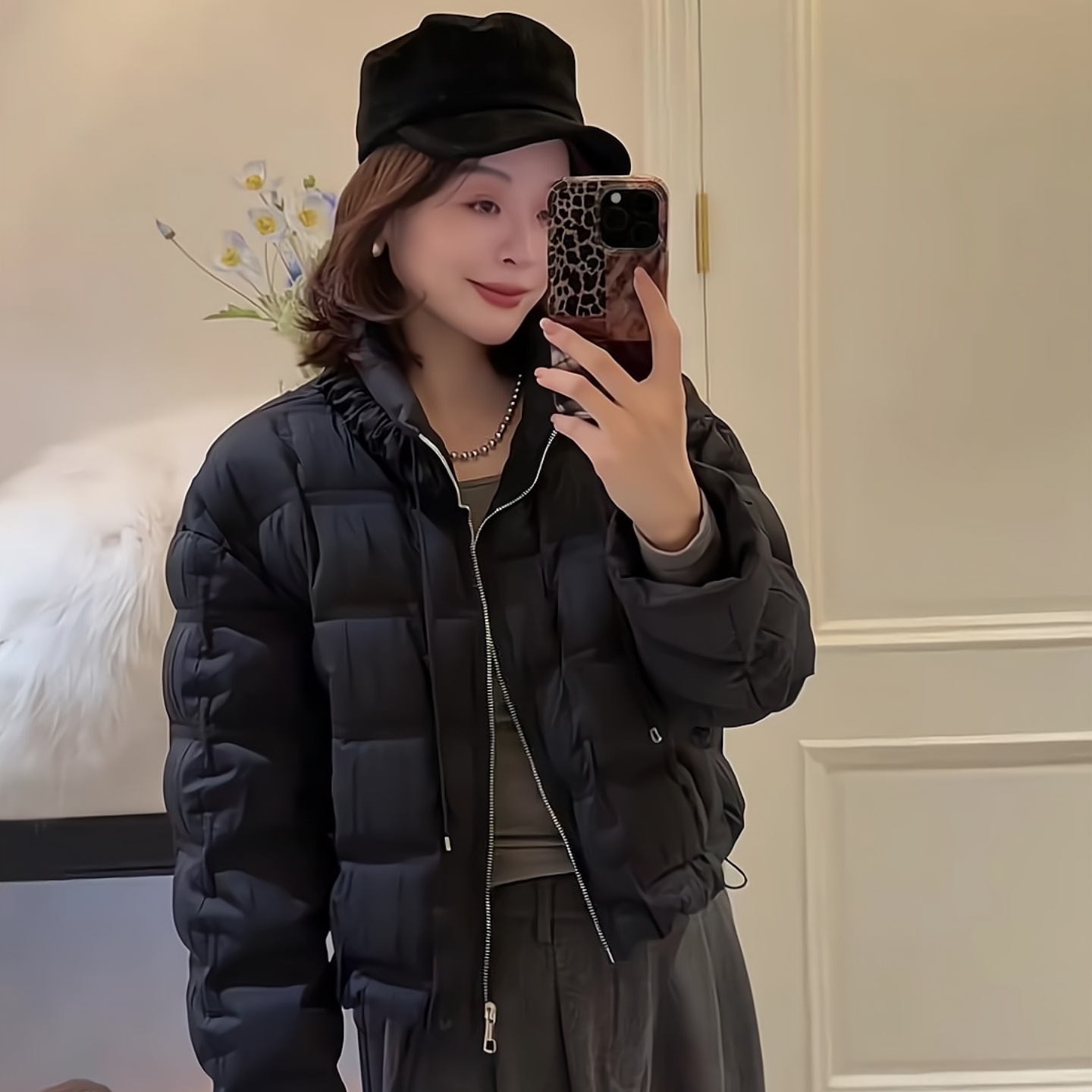 黑色立领羽绒服女拉链面包服