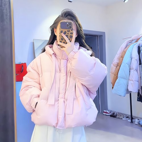 温柔甜美风粉色减龄短款连帽羽绒