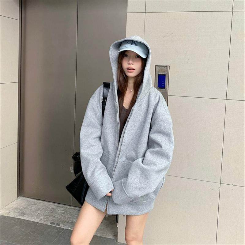 2024春秋新款纯色宽松休闲百搭连帽卫衣女拉链开衫长袖外套ins潮