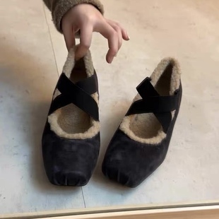 羊皮版~法式绒面交叉带方头加绒单鞋女内增高气质芭蕾风玛丽珍鞋