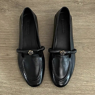 牛皮版~真皮粗跟乐福鞋女山茶花T字带经典圆头小皮鞋通勤百搭单鞋