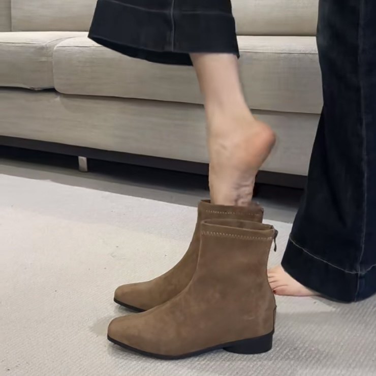 羊皮版~复古绒面短筒靴女显瘦后拉链厚底内增高弹力瘦瘦靴小裸靴,女鞋,时装靴,淘宝优惠券,粉丝福利购,淘宝优惠卷