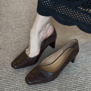 法式 气质不累脚高跟鞋 单鞋 配裙子浅口晚晚鞋 女粗跟工作鞋 羊皮款