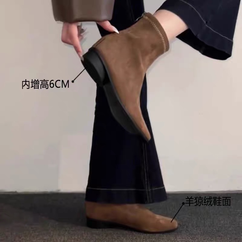 羊皮版内增高6cm韩版棕色短靴女气质绒面方头瘦瘦靴后拉链马丁靴