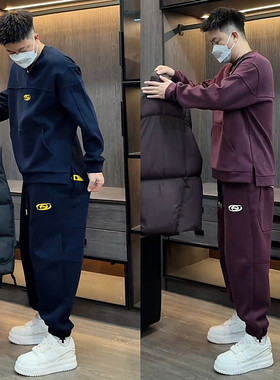 冬季新款加绒加厚纯色运动休闲套装男潮牌宽松休闲卫衣卫裤两件套