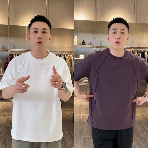 夏季新品简约结构拼接圆领短袖T