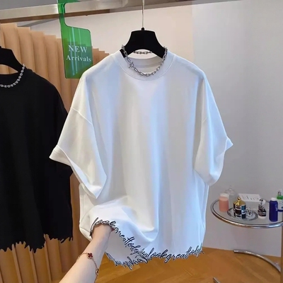 夏季新款刺绣花边圆领短袖t恤男重磅纯色简约美式休闲宽松百搭T恤